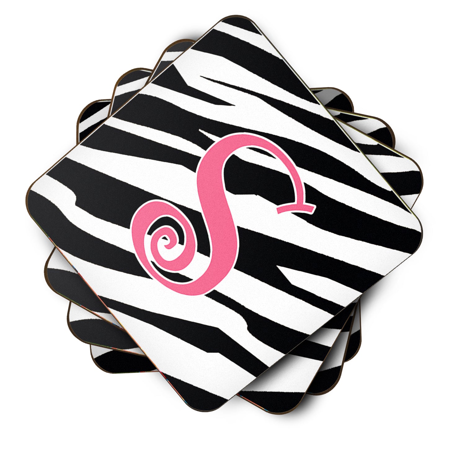 Set of 4 Monogram - Zebra Stripe and Pink Foam Coasters Initial Letter S - the-store.com