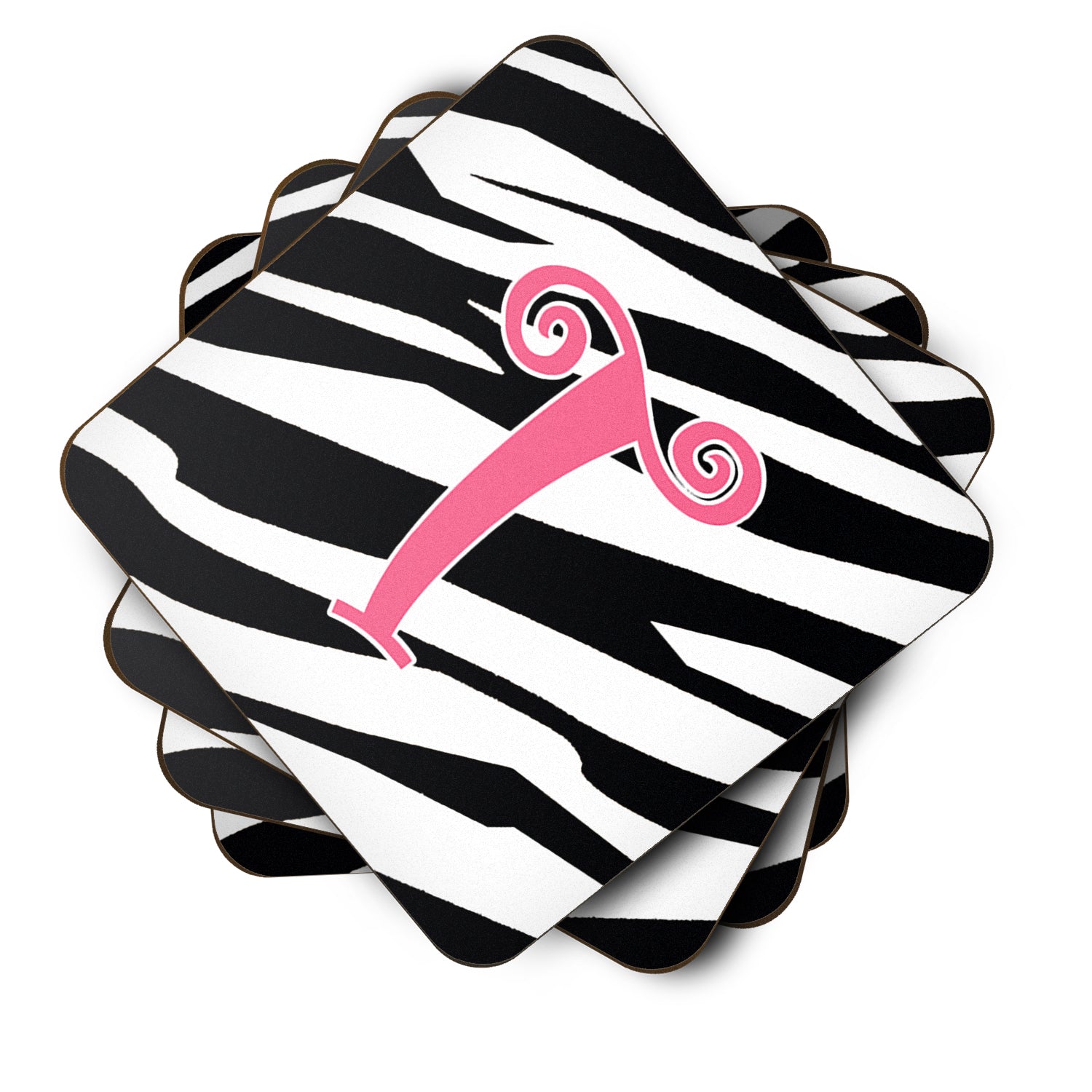 Set of 4 Monogram - Zebra Stripe and Pink Foam Coasters Initial Letter T - the-store.com