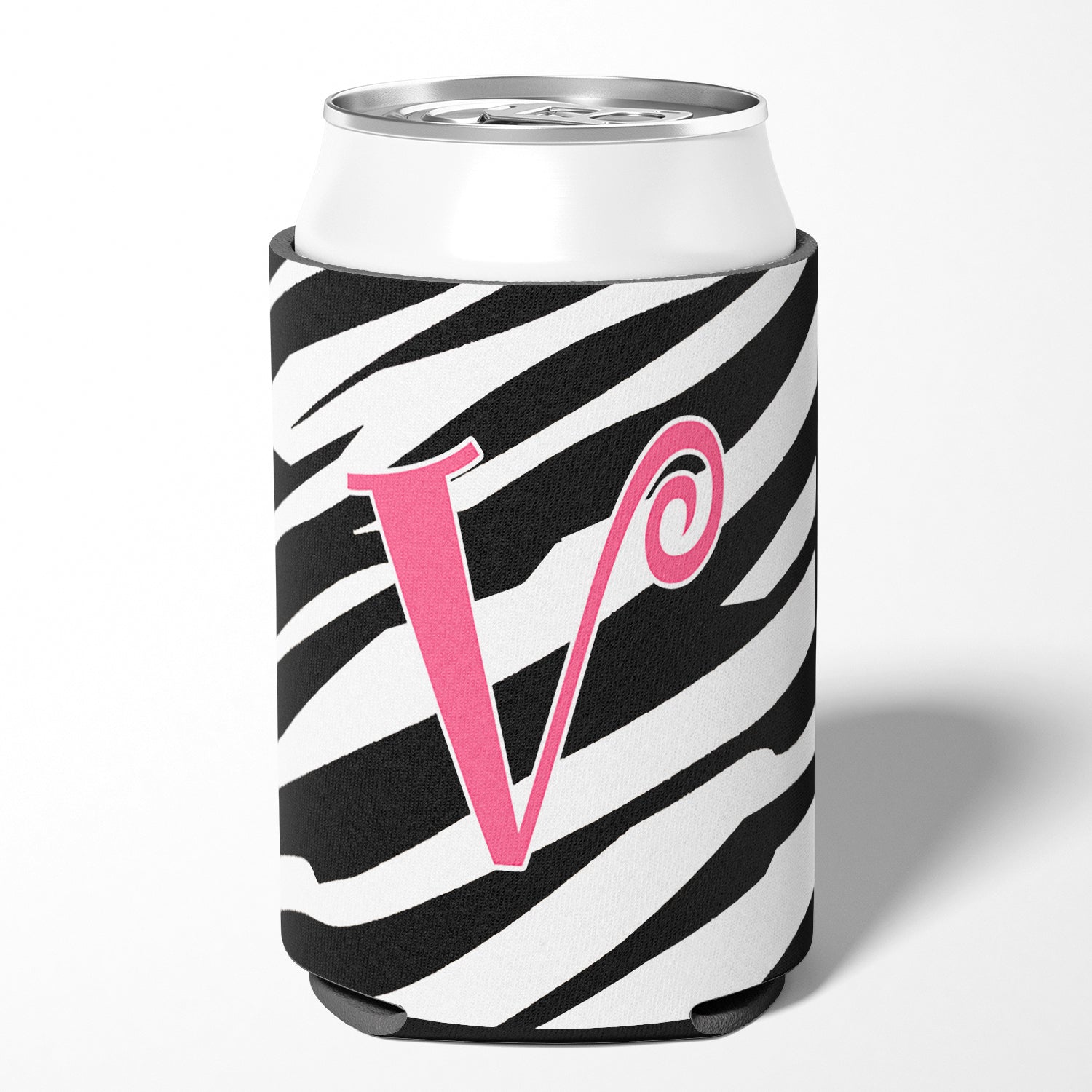 Letter V Initial Monogram - Zebra Stripe and Pink Can or Bottle Beverage Insulator Hugger.