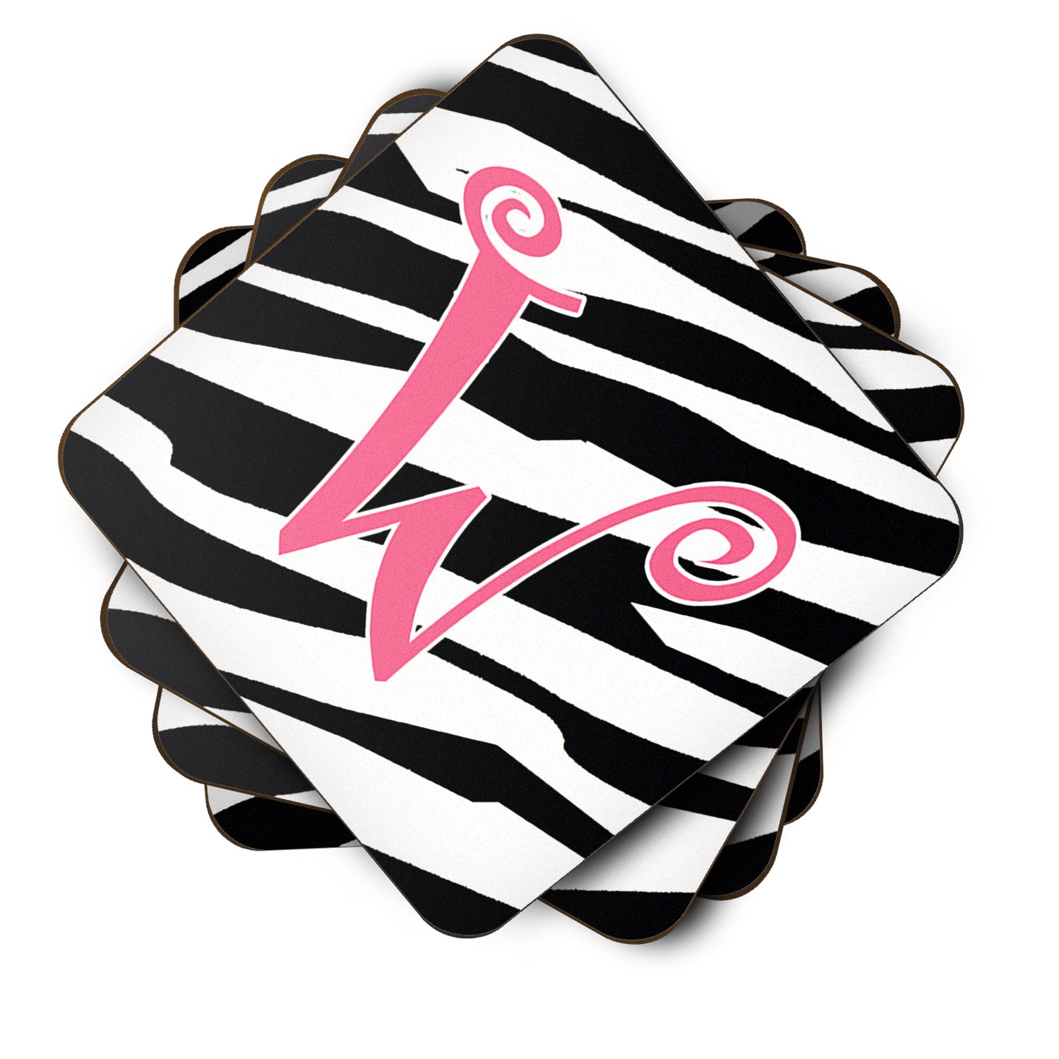 Set of 4 Monogram - Zebra Stripe and Pink Foam Coasters Initial Letter W - the-store.com
