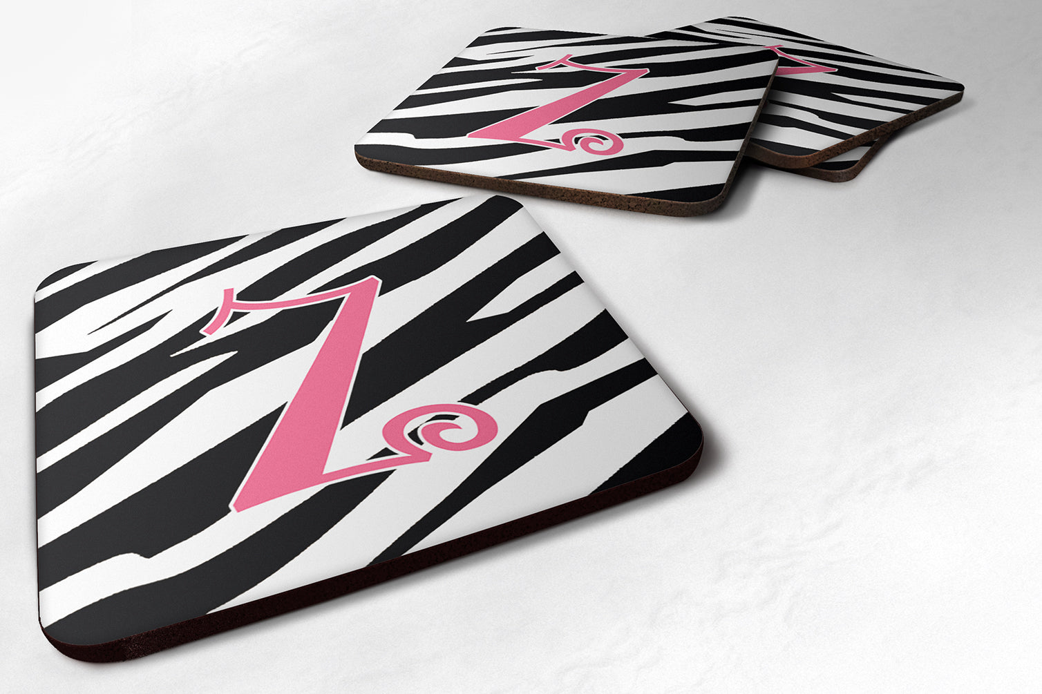 Set of 4 Monogram - Zebra Stripe and Pink Foam Coasters Initial Letter Z - the-store.com
