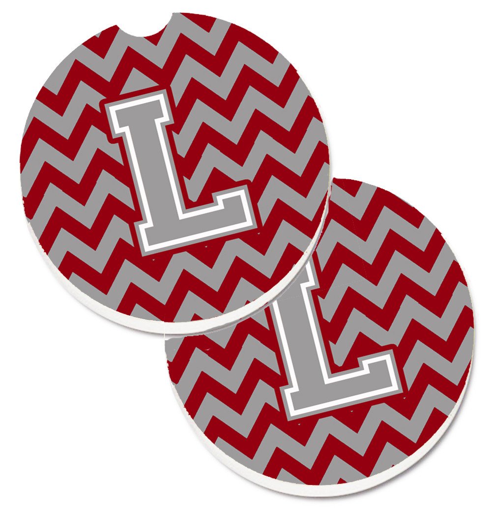 Letter L Chevron Crimson and Grey   Set of 2 Cup Holder Car Coasters CJ1043-LCARC by Caroline's Treasures
