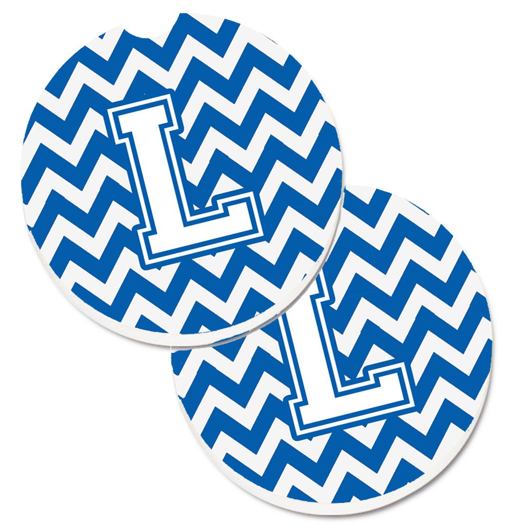 Letter L Chevron Blue and White Set of 2 Cup Holder Car Coasters CJ1045-LCARC by Caroline's Treasures