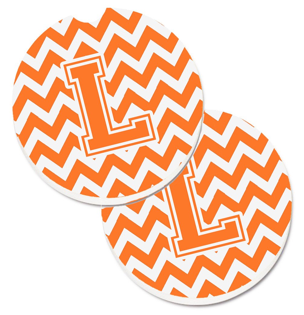 Letter L Chevron Orange and White Set of 2 Cup Holder Car Coasters CJ1046-LCARC by Caroline's Treasures