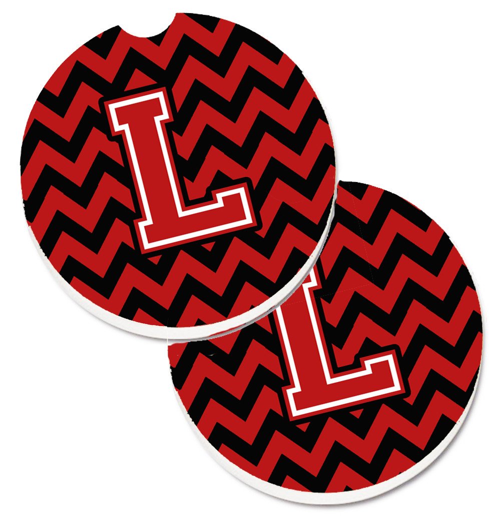 Letter L Chevron Black and Red   Set of 2 Cup Holder Car Coasters CJ1047-LCARC by Caroline's Treasures