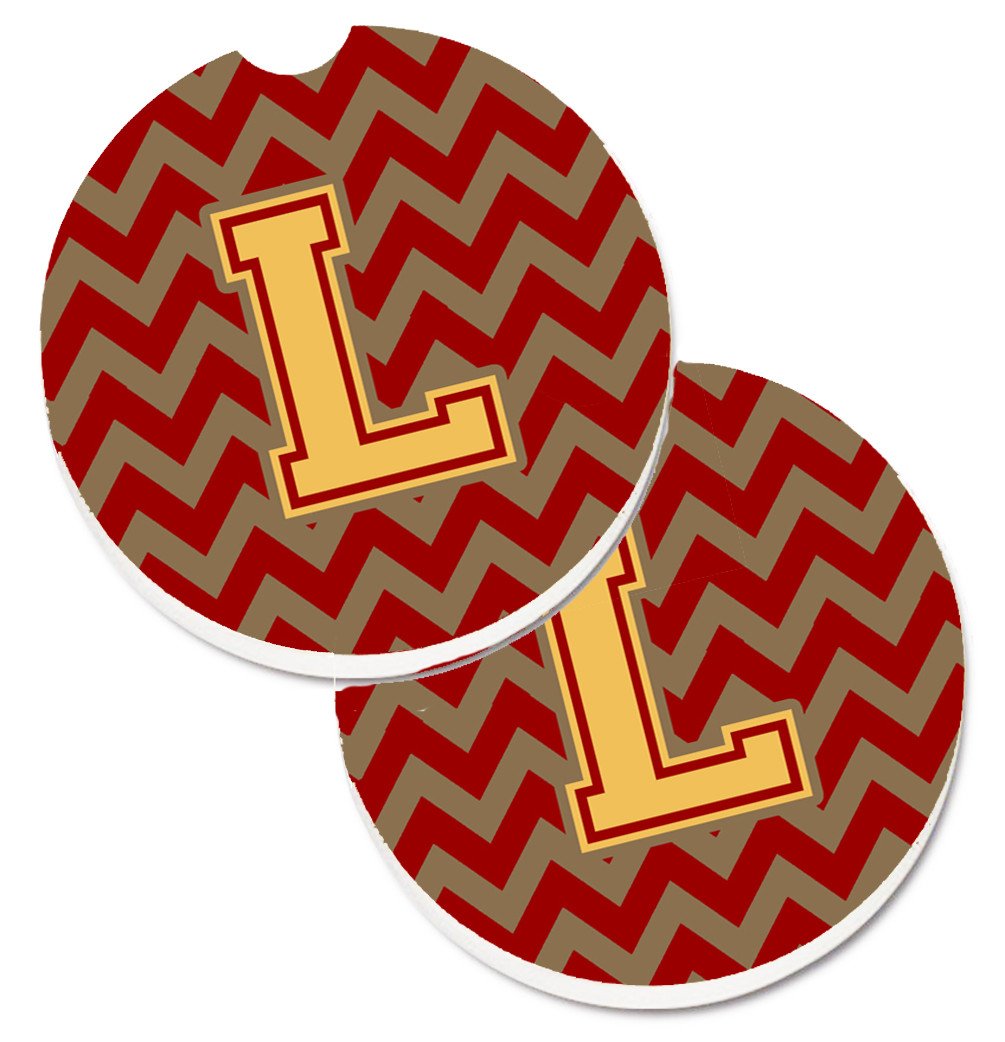 Letter L Chevron Garnet and Gold  Set of 2 Cup Holder Car Coasters CJ1048-LCARC by Caroline's Treasures