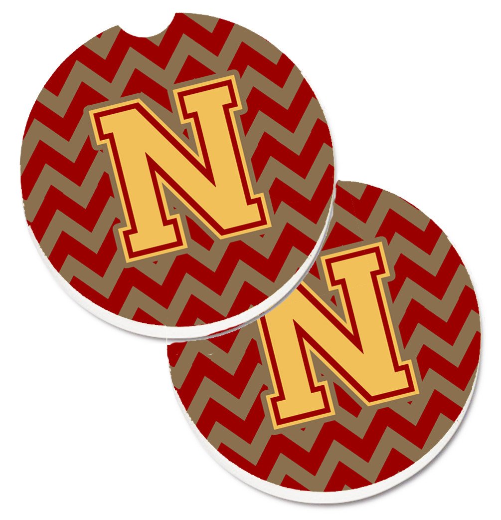Letter N Chevron Garnet and Gold  Set of 2 Cup Holder Car Coasters CJ1048-NCARC by Caroline's Treasures