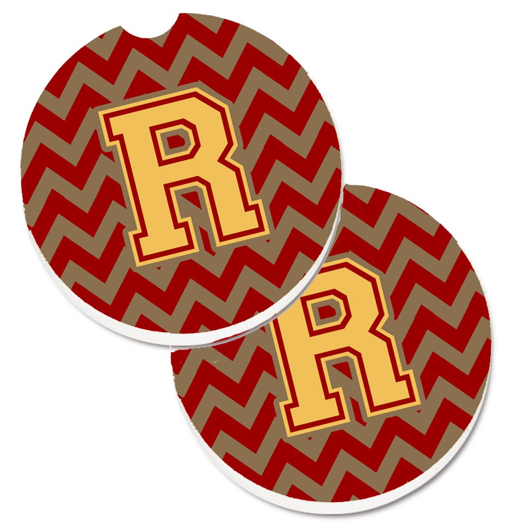 Letter R Chevron Garnet and Gold  Set of 2 Cup Holder Car Coasters CJ1048-RCARC by Caroline&#39;s Treasures