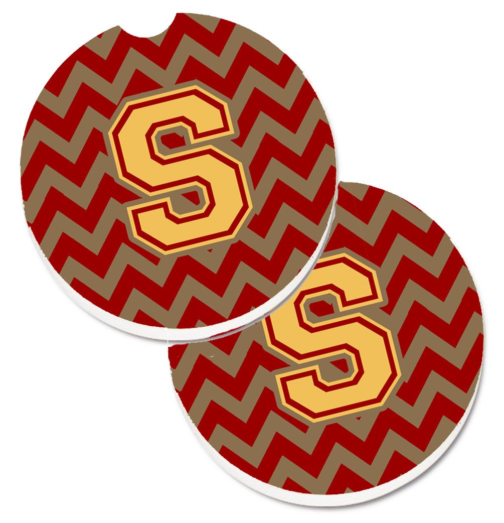 Letter S Chevron Garnet and Gold  Set of 2 Cup Holder Car Coasters CJ1048-SCARC by Caroline's Treasures