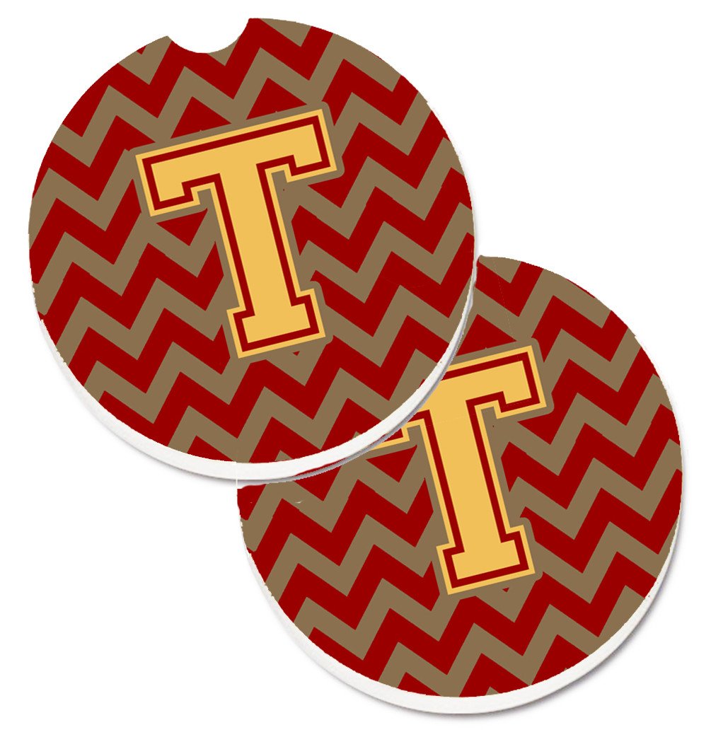 Letter T Chevron Garnet and Gold  Set of 2 Cup Holder Car Coasters CJ1048-TCARC by Caroline's Treasures