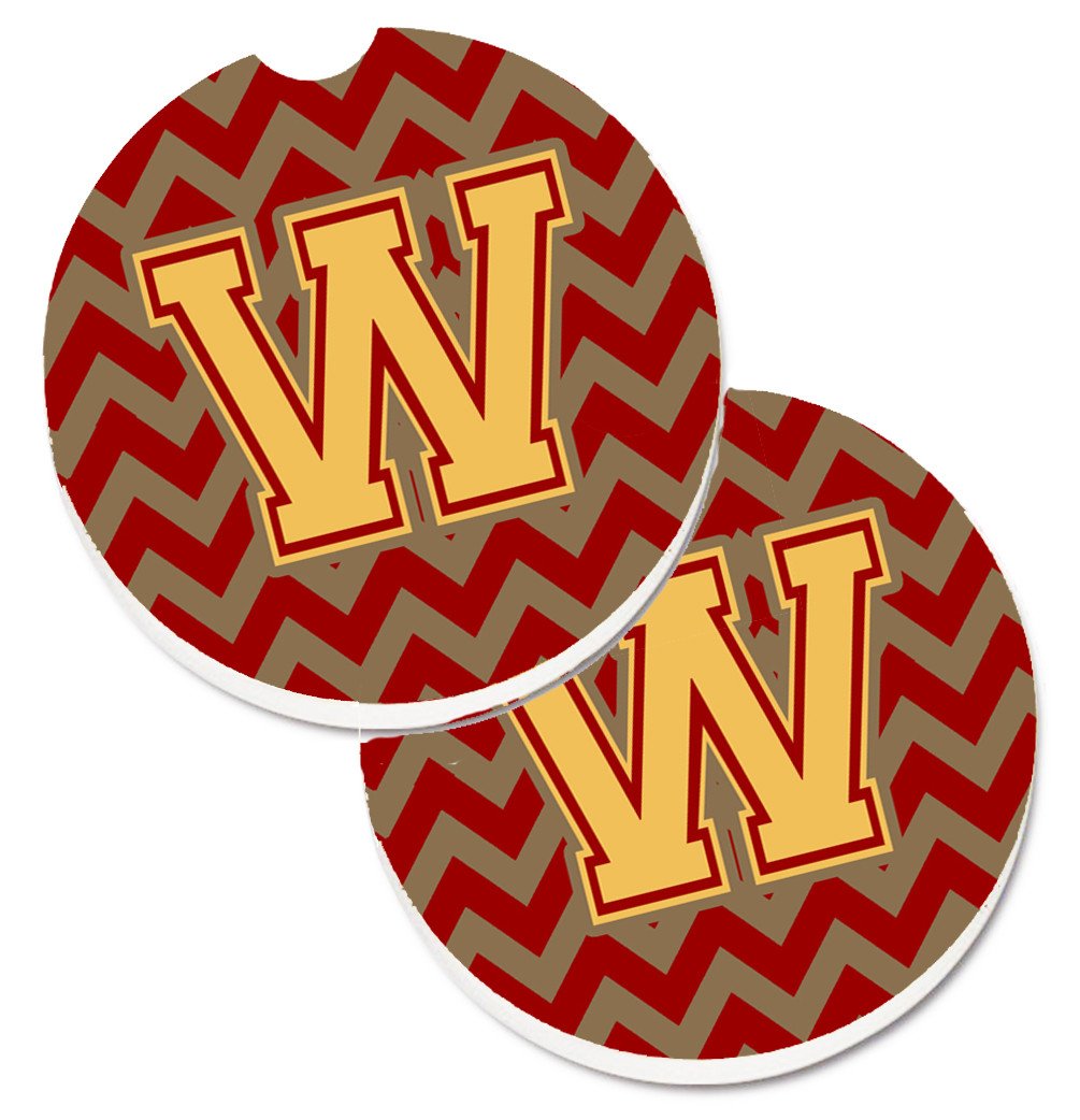Letter W Chevron Garnet and Gold  Set of 2 Cup Holder Car Coasters CJ1048-WCARC by Caroline's Treasures