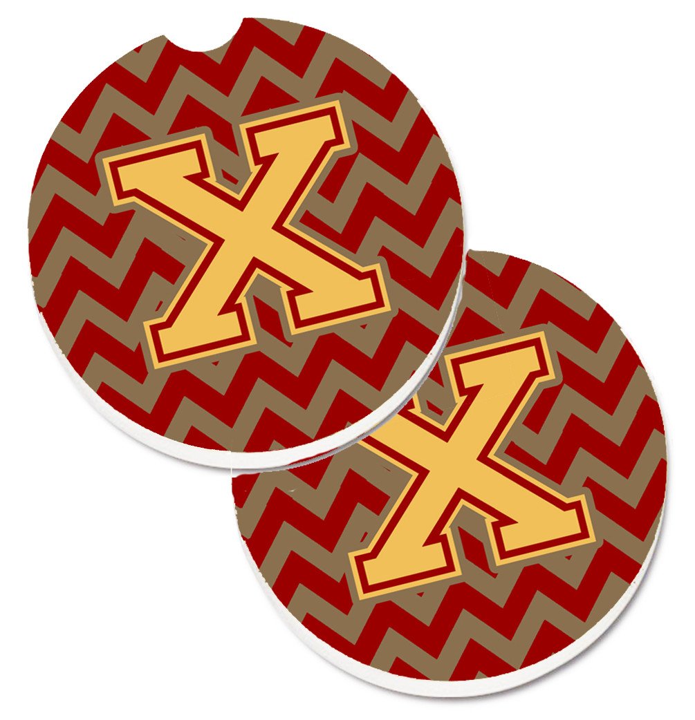 Letter X Chevron Garnet and Gold  Set of 2 Cup Holder Car Coasters CJ1048-XCARC by Caroline's Treasures