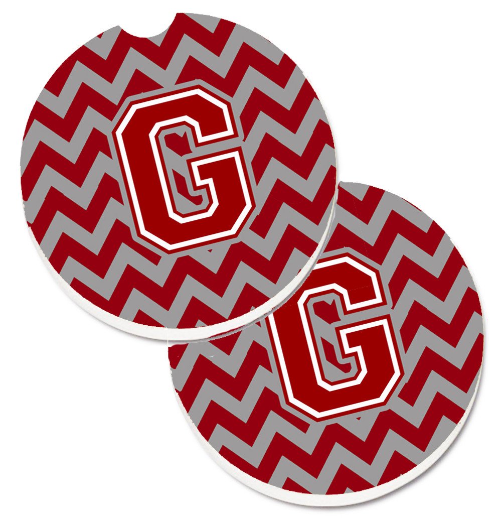 Letter G Chevron Maroon and White Set of 2 Cup Holder Car Coasters CJ1049-GCARC by Caroline's Treasures