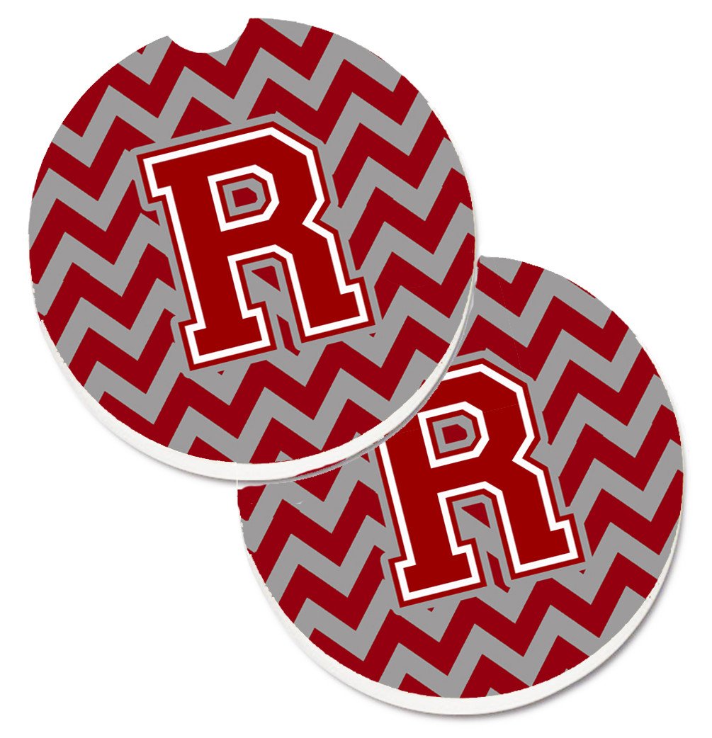 Letter R Chevron Maroon and White Set of 2 Cup Holder Car Coasters CJ1049-RCARC by Caroline's Treasures