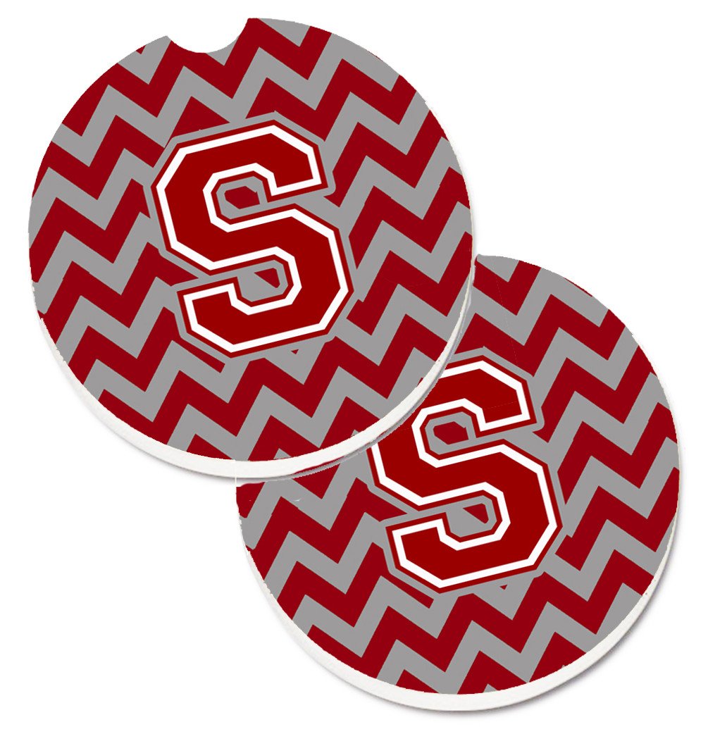 Letter S Chevron Maroon and White Set of 2 Cup Holder Car Coasters CJ1049-SCARC by Caroline's Treasures