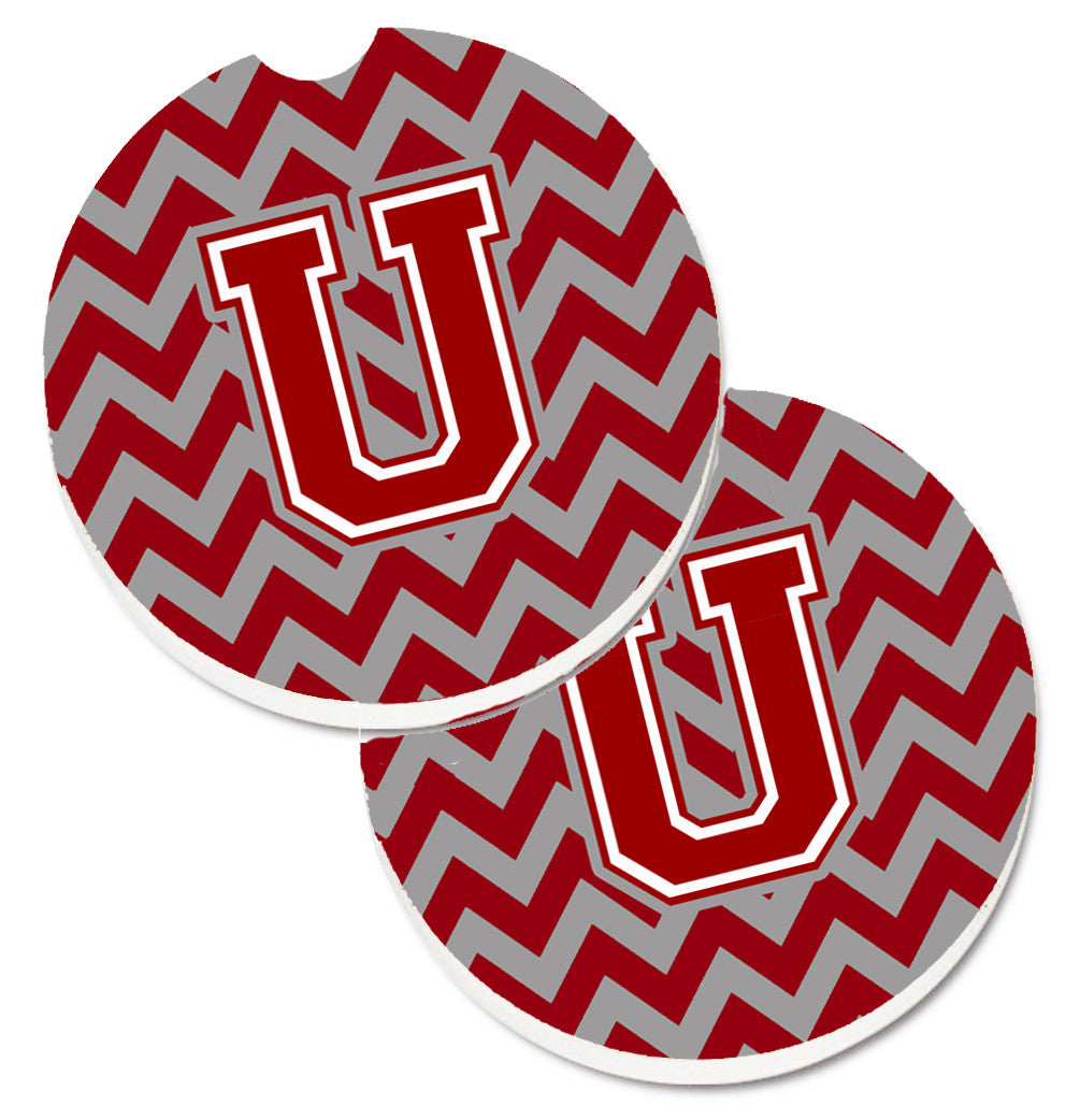 Letter U Chevron Maroon and White Set of 2 Cup Holder Car Coasters CJ1049-UCARC by Caroline's Treasures