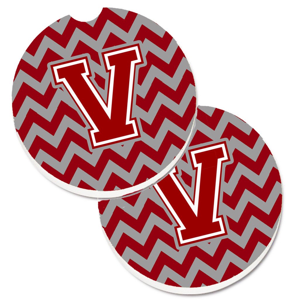 Letter V Chevron Maroon and White Set of 2 Cup Holder Car Coasters CJ1049-VCARC by Caroline's Treasures