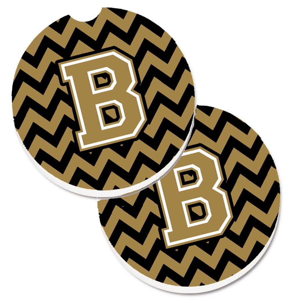 Letter B Chevron Black and Gold  Set of 2 Cup Holder Car Coasters CJ1050-BCARC by Caroline's Treasures