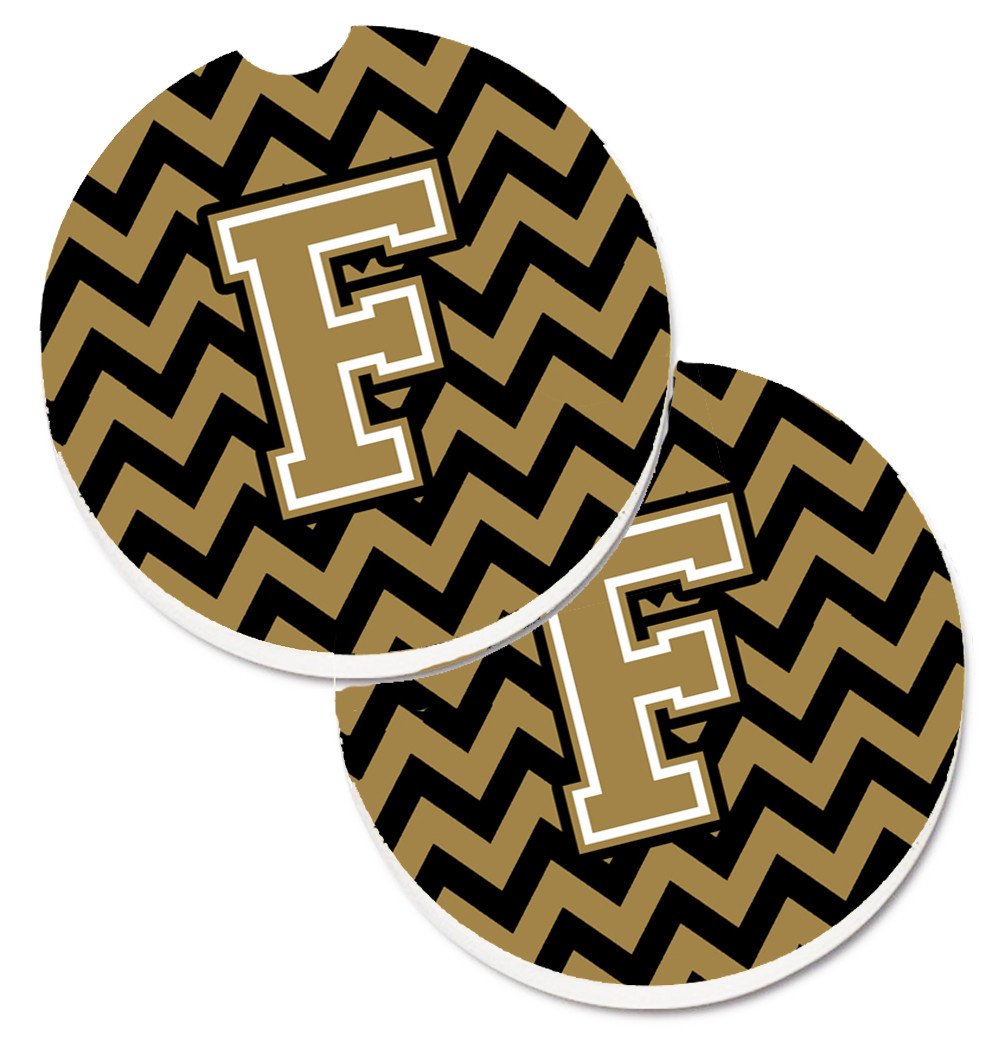 Letter F Chevron Black and Gold  Set of 2 Cup Holder Car Coasters CJ1050-FCARC by Caroline's Treasures