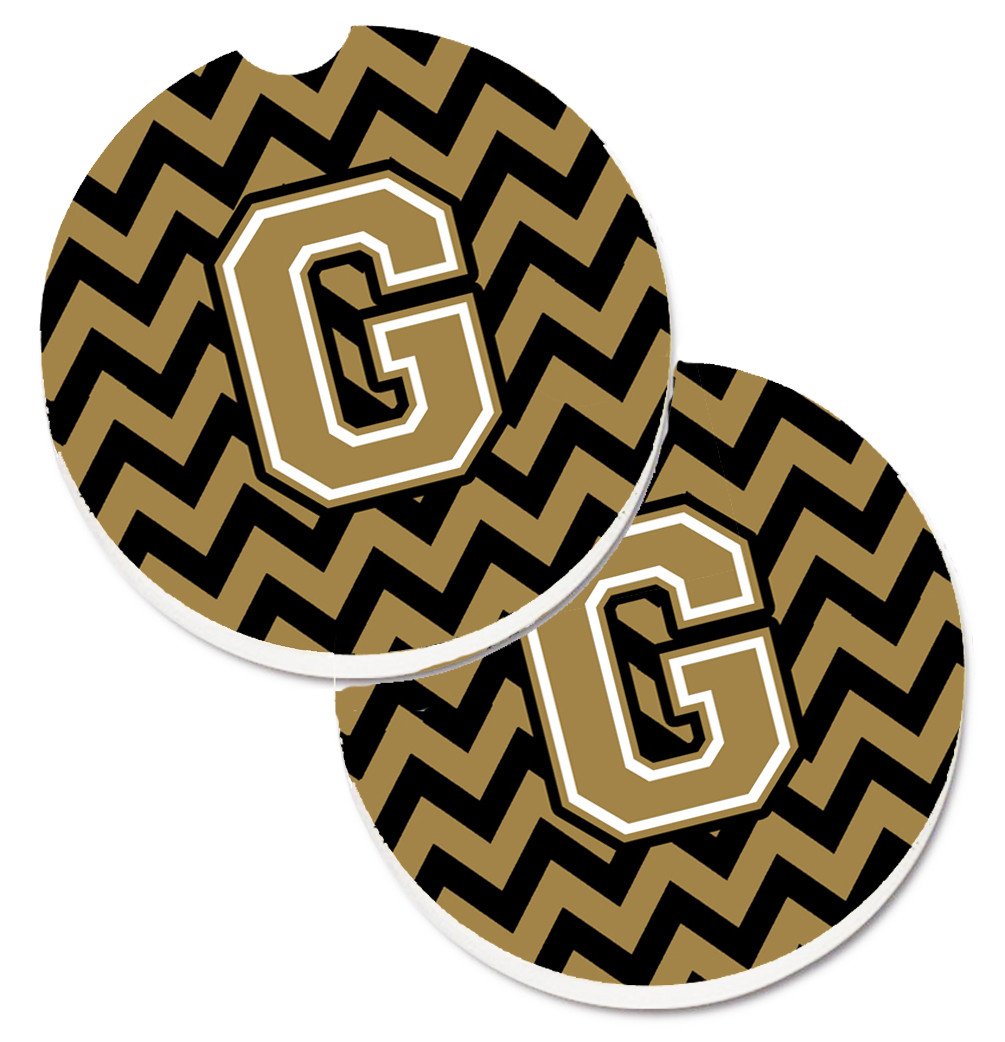 Letter G Chevron Black and Gold  Set of 2 Cup Holder Car Coasters CJ1050-GCARC by Caroline's Treasures