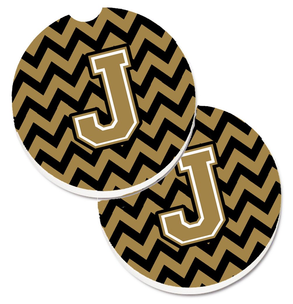 Letter J Chevron Black and Gold  Set of 2 Cup Holder Car Coasters CJ1050-JCARC by Caroline's Treasures