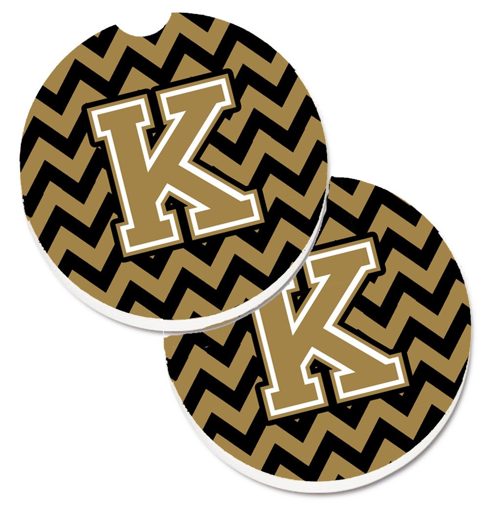Letter K Chevron Black and Gold  Set of 2 Cup Holder Car Coasters CJ1050-KCARC by Caroline's Treasures