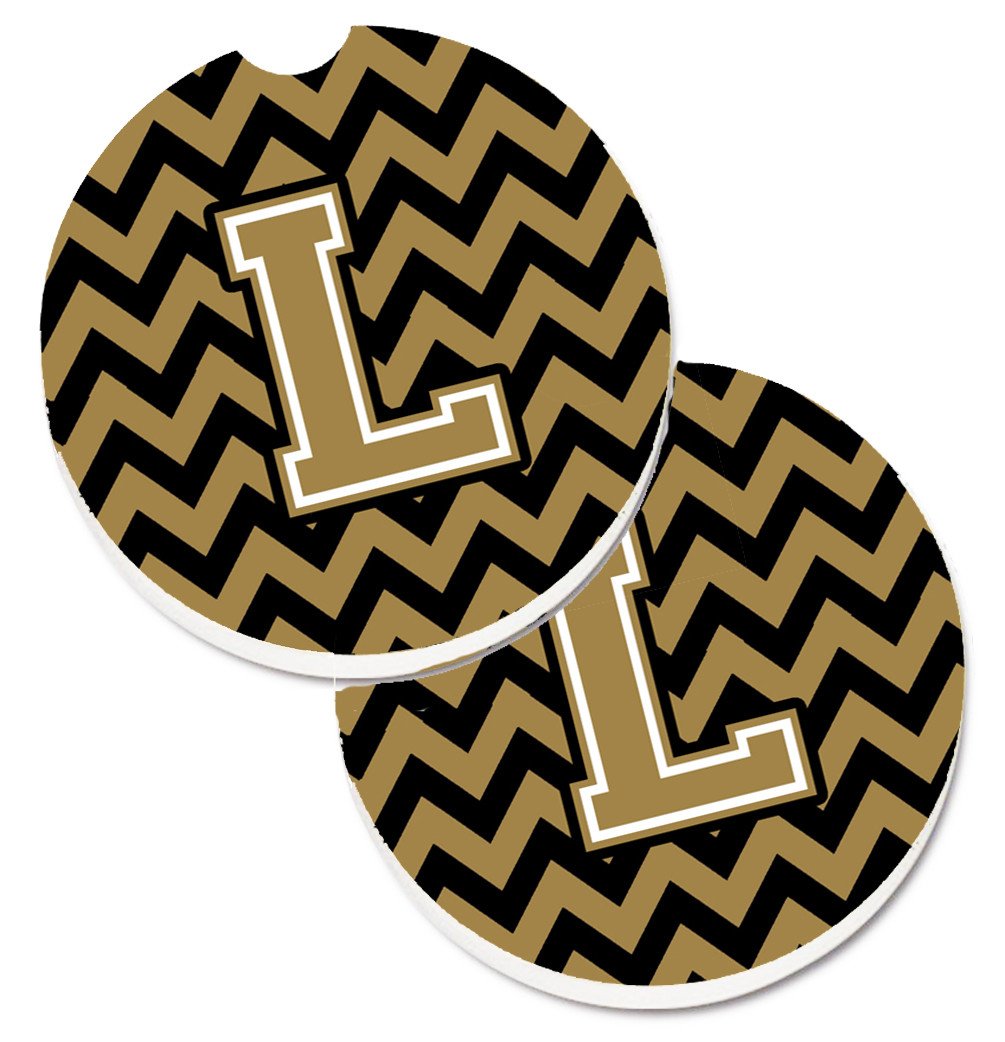 Letter L Chevron Black and Gold  Set of 2 Cup Holder Car Coasters CJ1050-LCARC by Caroline's Treasures