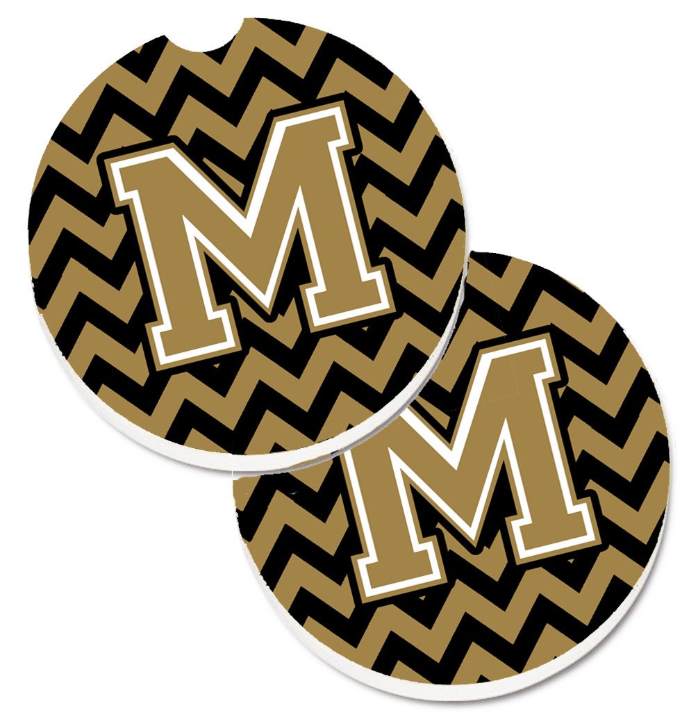 Letter M Chevron Black and Gold  Set of 2 Cup Holder Car Coasters CJ1050-MCARC by Caroline's Treasures