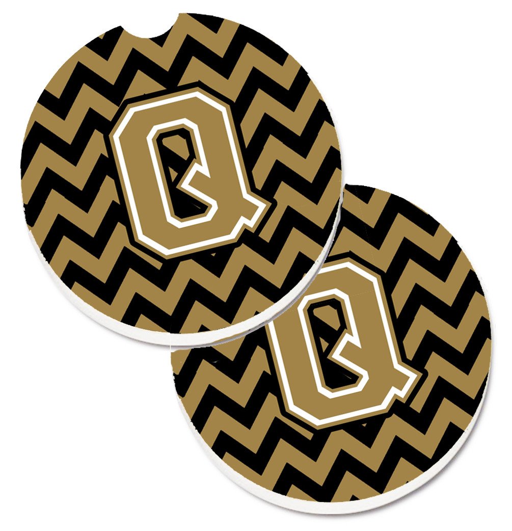 Letter Q Chevron Black and Gold  Set of 2 Cup Holder Car Coasters CJ1050-QCARC by Caroline's Treasures