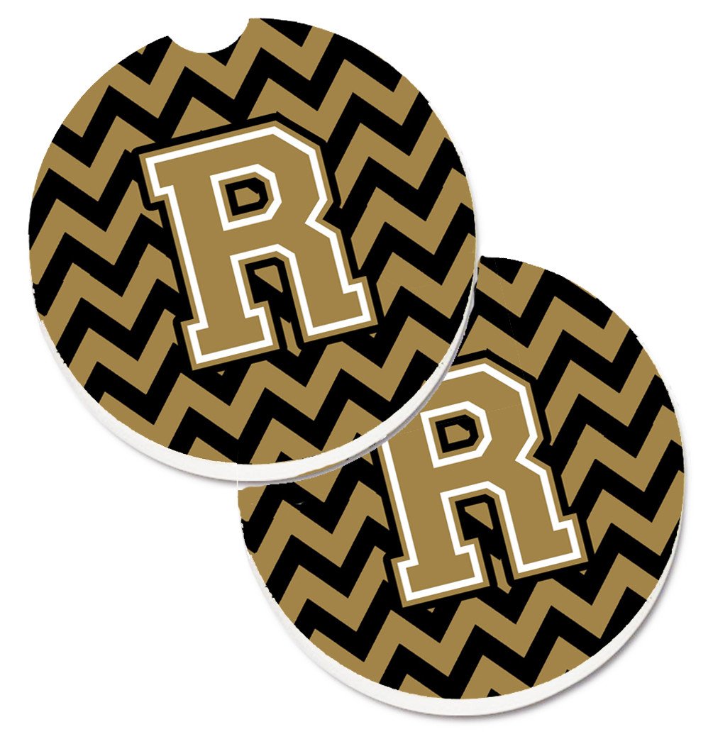 Letter R Chevron Black and Gold  Set of 2 Cup Holder Car Coasters CJ1050-RCARC by Caroline's Treasures