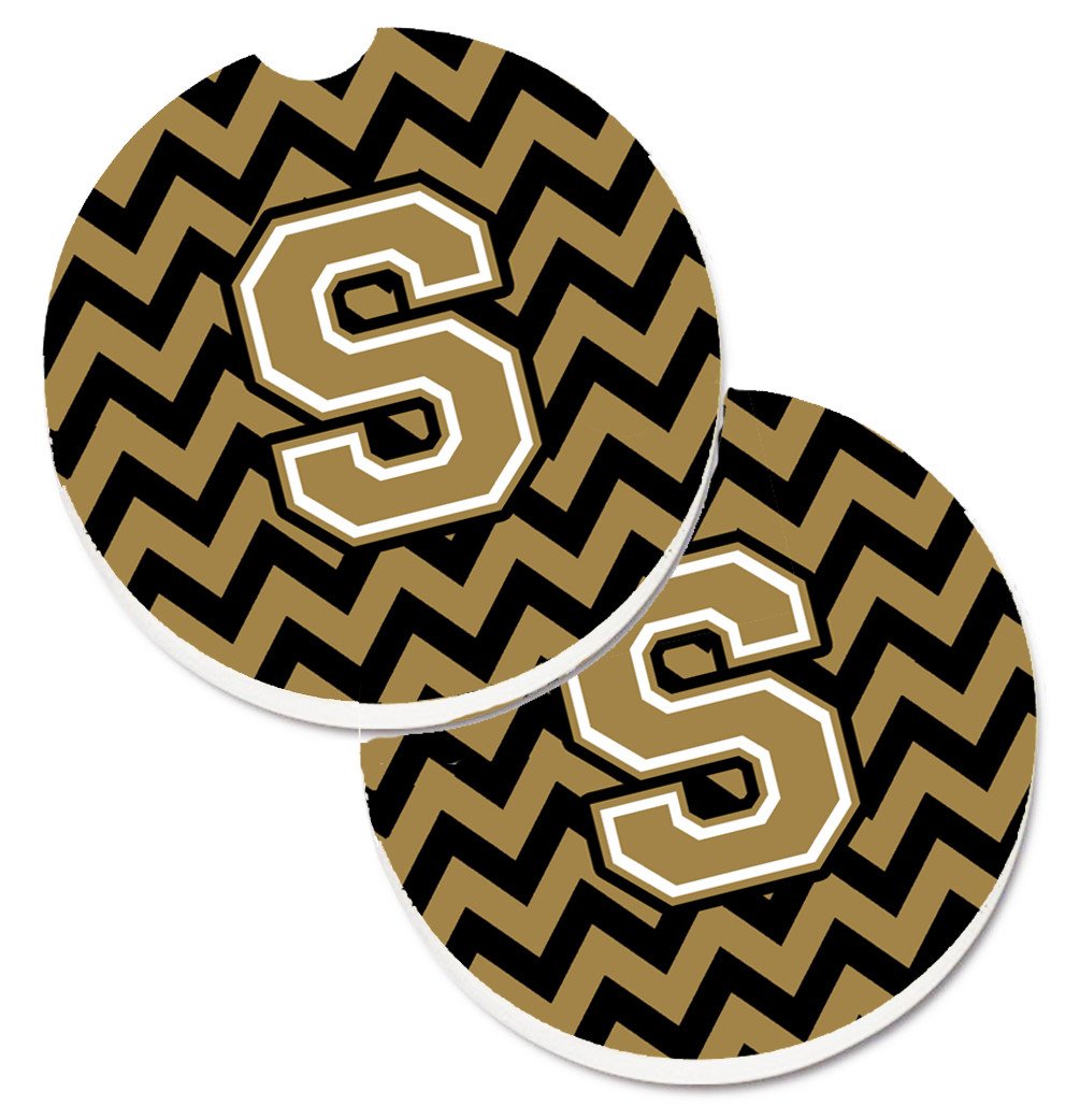 Letter S Chevron Black and Gold  Set of 2 Cup Holder Car Coasters CJ1050-SCARC by Caroline's Treasures