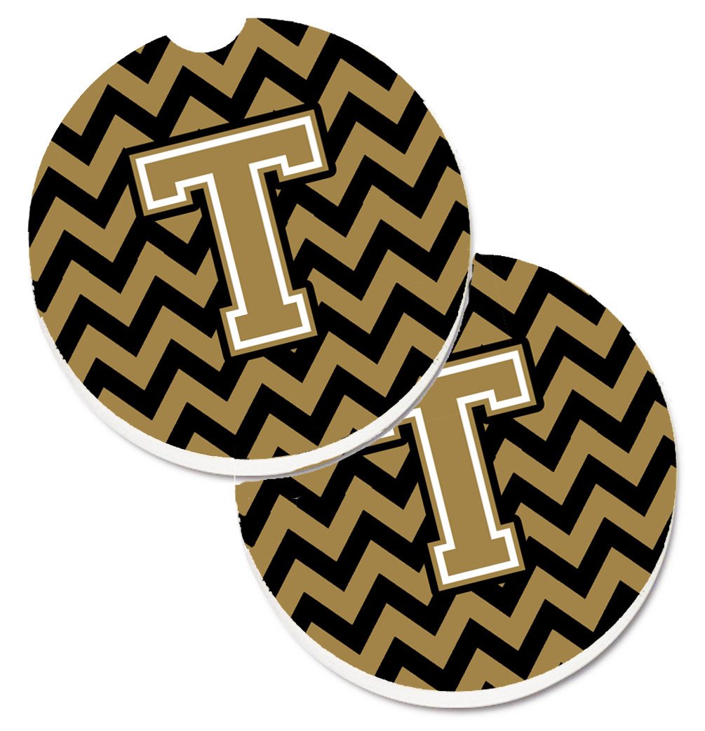 Letter T Chevron Black and Gold  Set of 2 Cup Holder Car Coasters CJ1050-TCARC by Caroline's Treasures