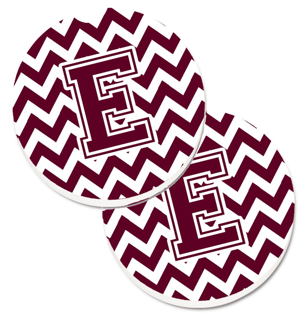 Letter E Chevron Maroon and White  Set of 2 Cup Holder Car Coasters CJ1051-ECARC by Caroline's Treasures