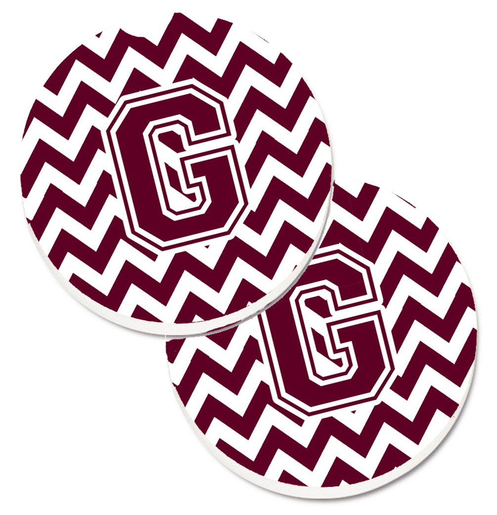 Letter G Chevron Maroon and White  Set of 2 Cup Holder Car Coasters CJ1051-GCARC by Caroline's Treasures