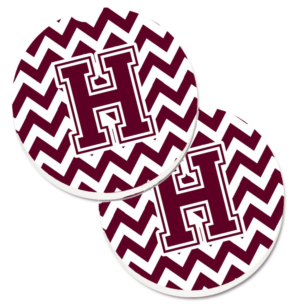 Letter H Chevron Maroon and White  Set of 2 Cup Holder Car Coasters CJ1051-HCARC by Caroline's Treasures