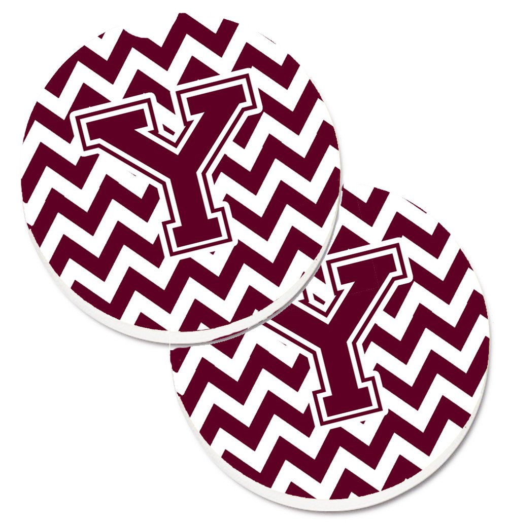 Letter Y Chevron Maroon and White  Set of 2 Cup Holder Car Coasters CJ1051-YCARC by Caroline's Treasures