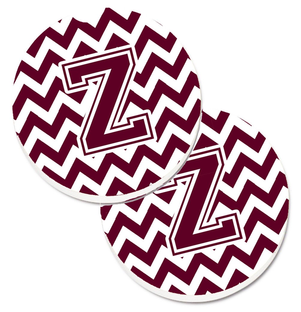 Letter Z Chevron Maroon and White  Set of 2 Cup Holder Car Coasters CJ1051-ZCARC by Caroline's Treasures