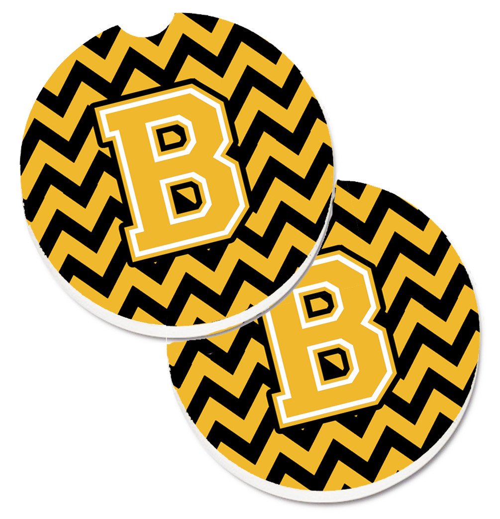 Letter B Chevron Black and Gold Set of 2 Cup Holder Car Coasters CJ1053-BCARC by Caroline's Treasures