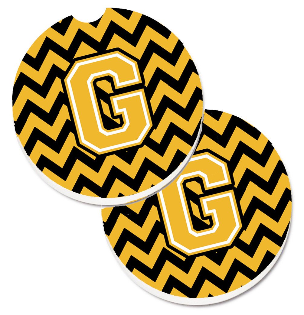 Letter G Chevron Black and Gold Set of 2 Cup Holder Car Coasters CJ1053-GCARC by Caroline's Treasures