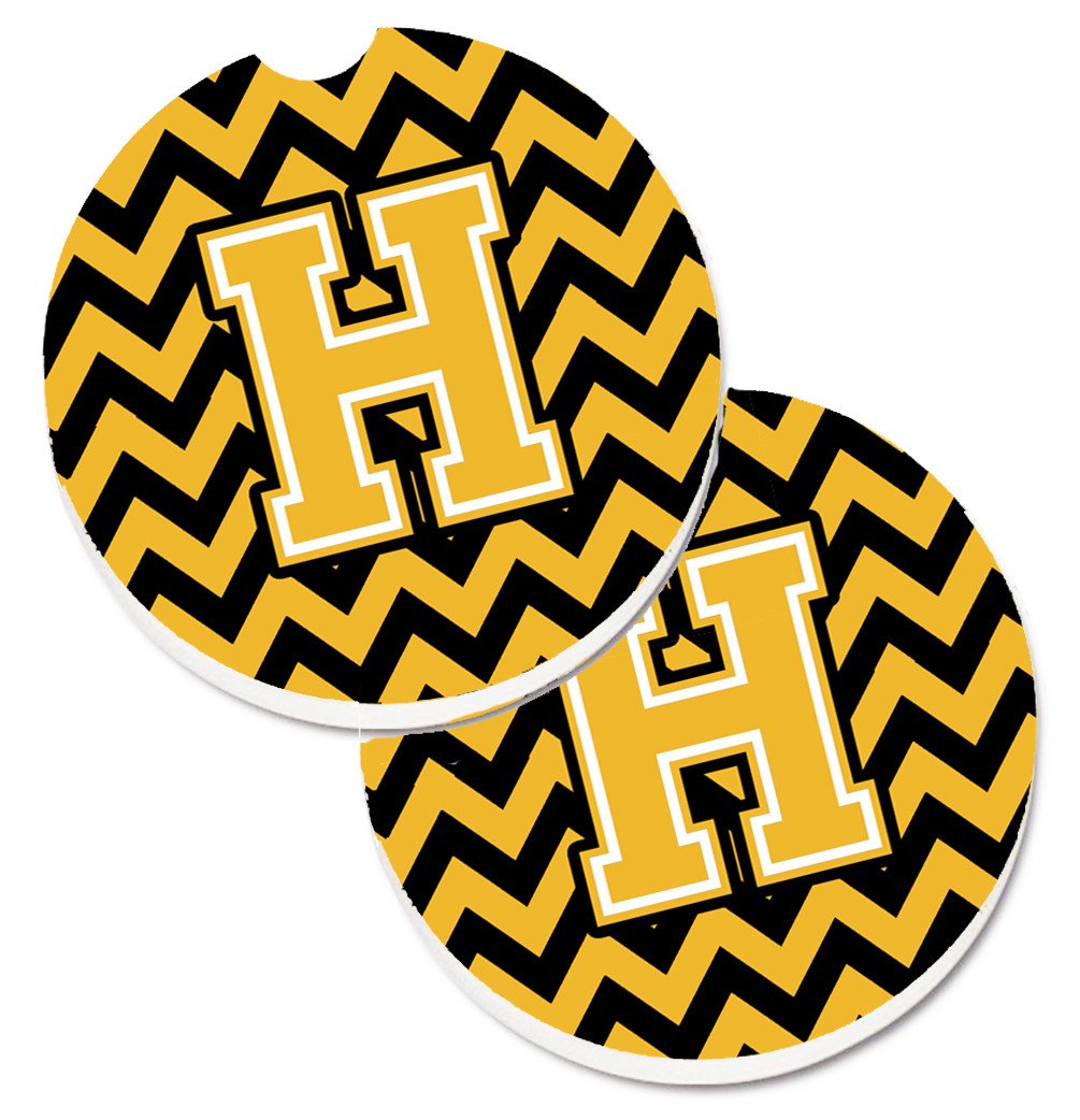 Letter H Chevron Black and Gold Set of 2 Cup Holder Car Coasters CJ1053-HCARC by Caroline's Treasures