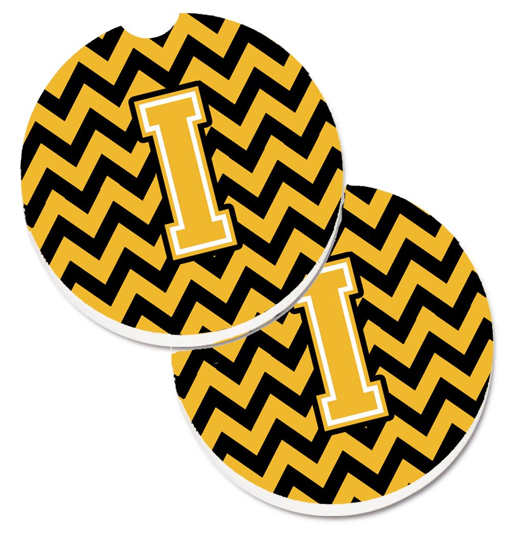Letter I Chevron Black and Gold Set of 2 Cup Holder Car Coasters CJ1053-ICARC by Caroline's Treasures