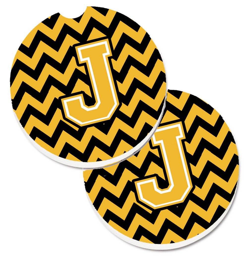 Letter J Chevron Black and Gold Set of 2 Cup Holder Car Coasters CJ1053-JCARC by Caroline's Treasures
