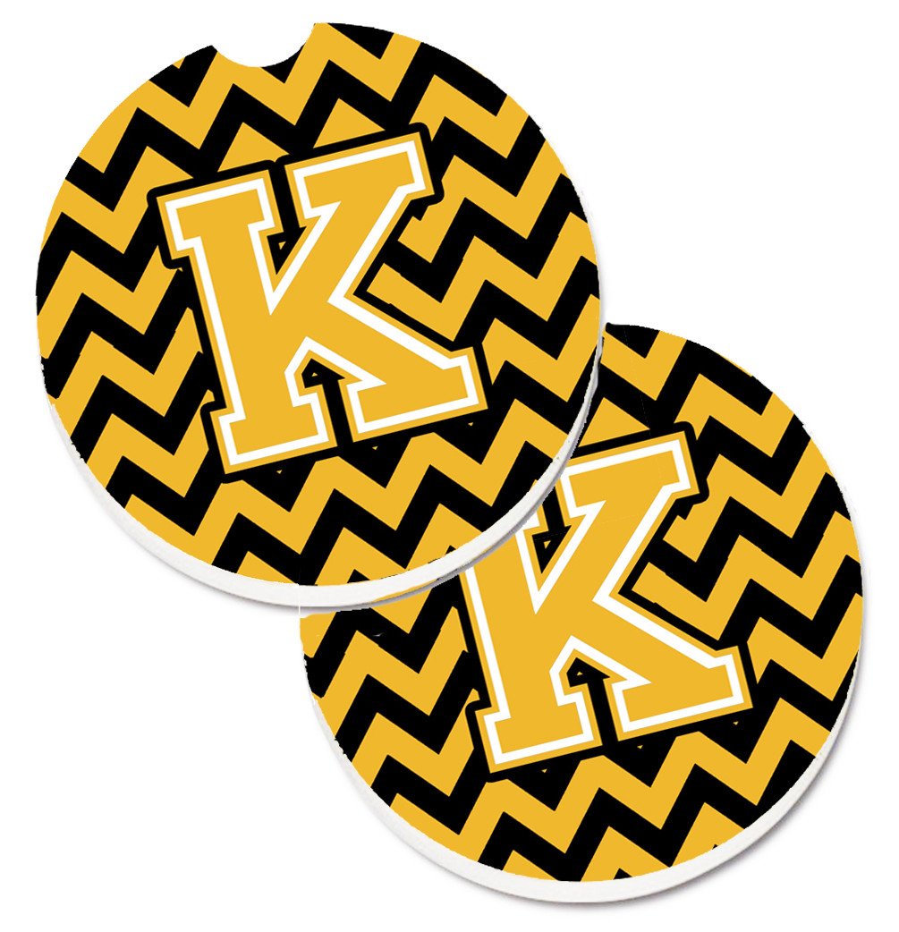 Letter K Chevron Black and Gold Set of 2 Cup Holder Car Coasters CJ1053-KCARC by Caroline's Treasures