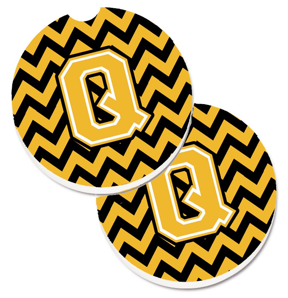 Letter Q Chevron Black and Gold Set of 2 Cup Holder Car Coasters CJ1053-QCARC by Caroline's Treasures