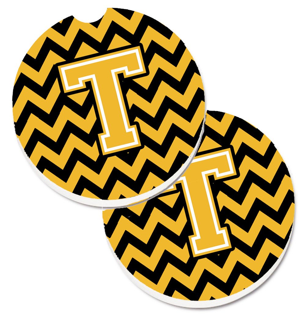 Letter T Chevron Black and Gold Set of 2 Cup Holder Car Coasters CJ1053-TCARC by Caroline's Treasures