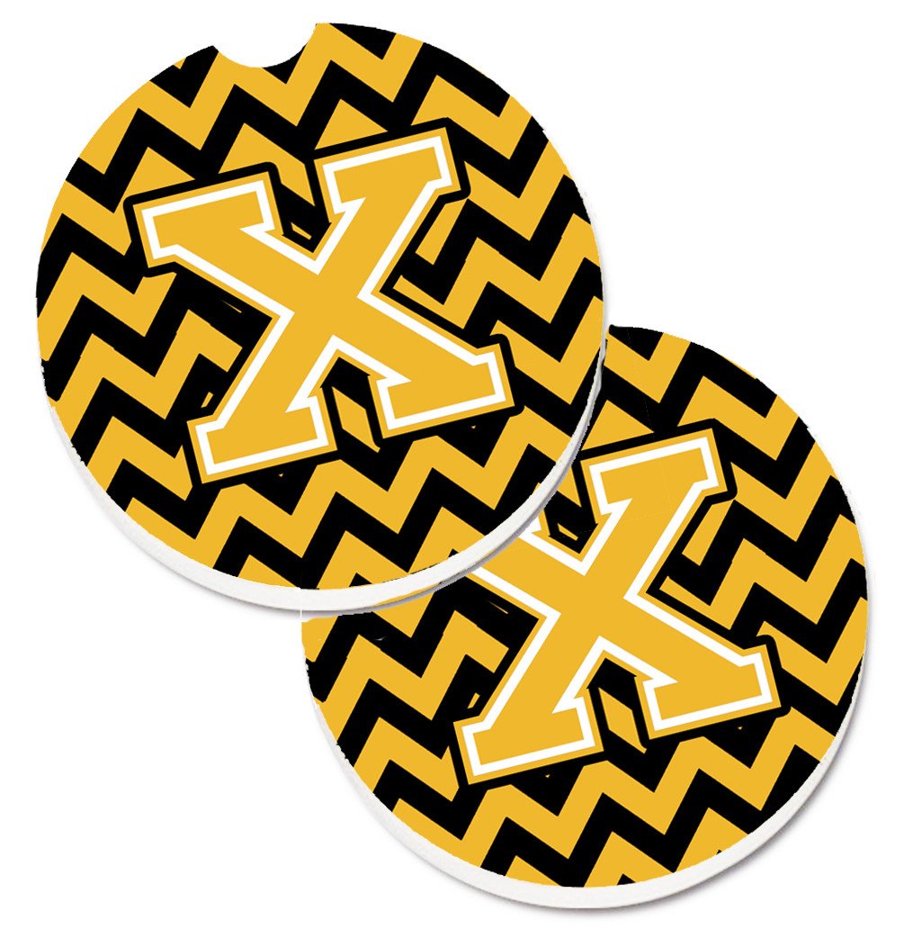 Letter X Chevron Black and Gold Set of 2 Cup Holder Car Coasters CJ1053-XCARC by Caroline's Treasures