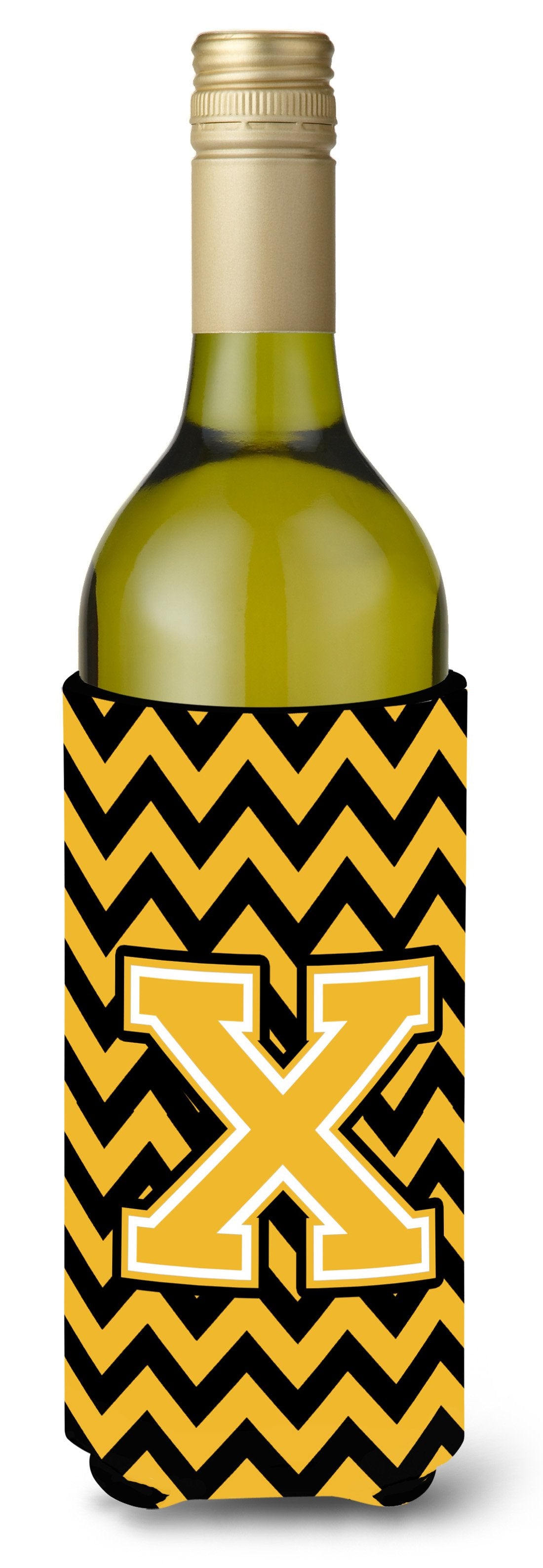 Letter X Chevron Black and Gold Wine Bottle Beverage Insulator Hugger CJ1053-XLITERK by Caroline&#39;s Treasures