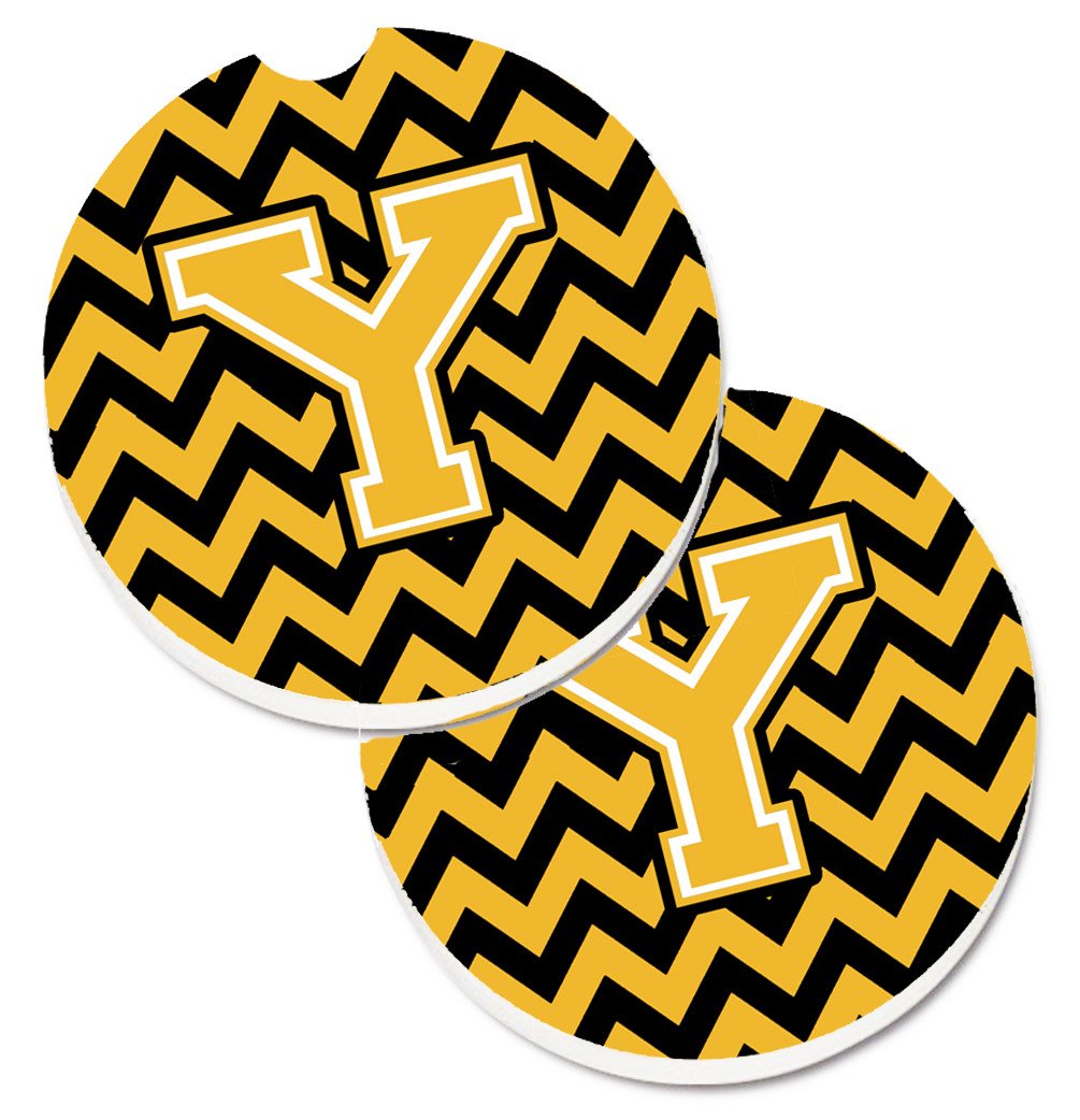 Letter Y Chevron Black and Gold Set of 2 Cup Holder Car Coasters CJ1053-YCARC by Caroline's Treasures
