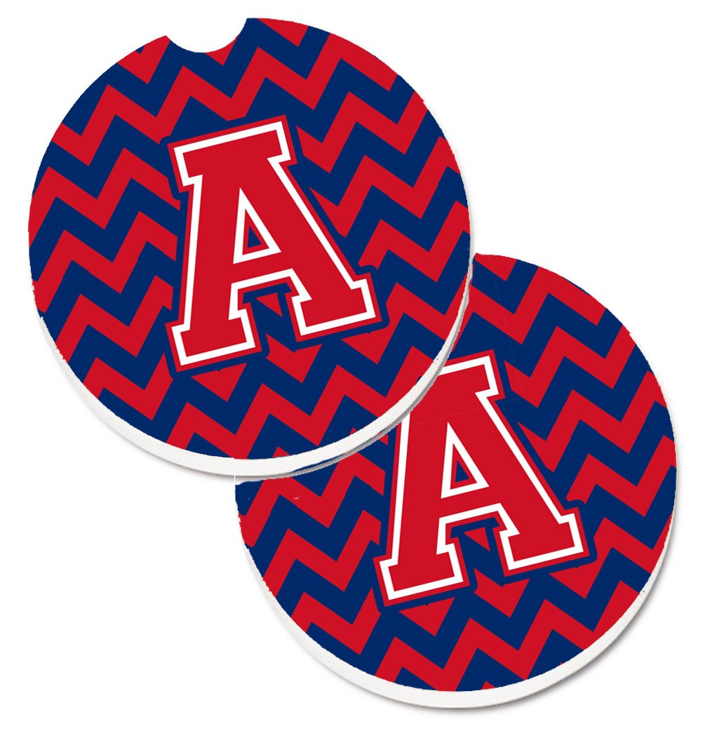 Letter A Chevron Yale Blue and Crimson Set of 2 Cup Holder Car Coasters CJ1054-ACARC by Caroline&#39;s Treasures
