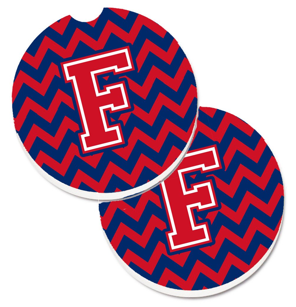 Letter F Chevron Yale Blue and Crimson Set of 2 Cup Holder Car Coasters CJ1054-FCARC by Caroline's Treasures